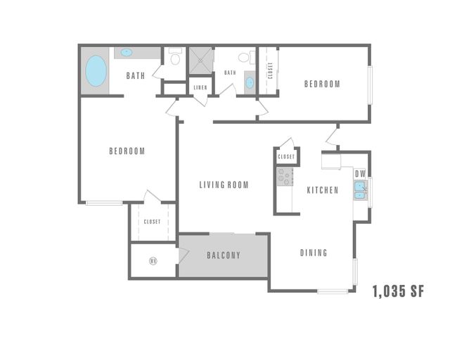 Contemporary 2D floor plan showcasing a spacious 2-bedroom, 2-bath apartment with an open living room, modern kitchen, and delightful balcony, totaling 1,035 square feet.