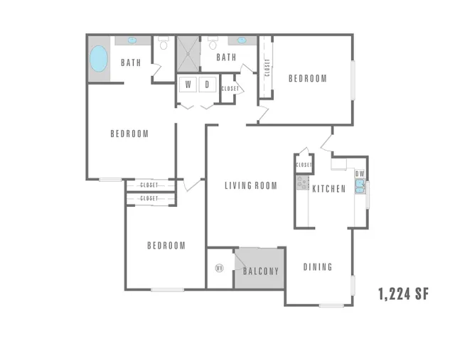 Modern 1224 sq ft floor plan showcasing 3 bedrooms, an open living room, and a cozy kitchen adjacent to the dining area, complete with a private balcony.