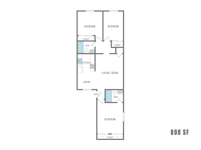 Modern 890 sq ft floor plan featuring 2 spacious bedrooms, 2 bathrooms, and a welcoming open-concept living and dining area.