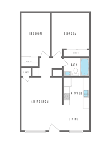 Elegant floor plan showcasing 2 spacious bedrooms, modern kitchen, inviting living room, and cozy dining area.