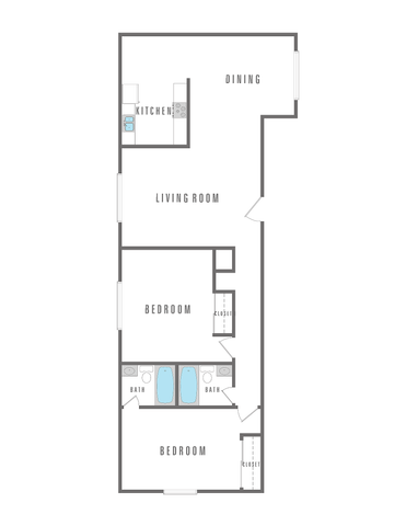 Inviting 2D floor plan showcasing 2 bedrooms, a sleek kitchen, and an expansive living and dining area with dual bathrooms and ample closets.