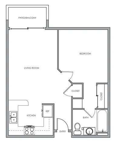 2D One-bedroom, one-bathroom floor plan