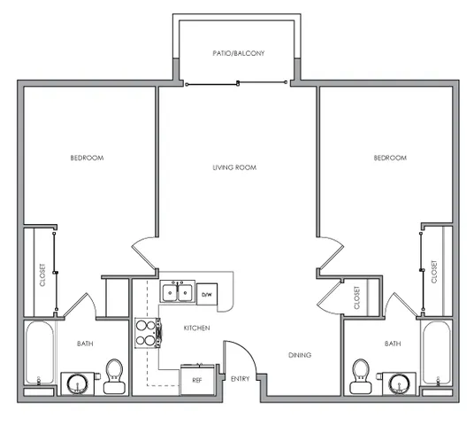 2D two-bedroom, two-bathroom floor plan