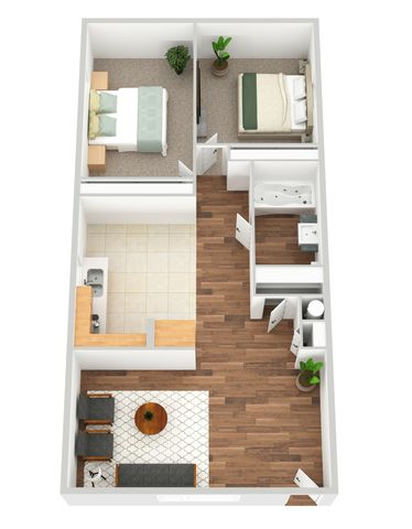 3D Furnished two-bedroom, one-bathroom floor plan rendering