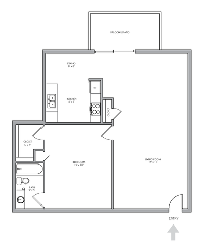 One-Bedroom, One-Bathroom 2D Floor Plan Layout