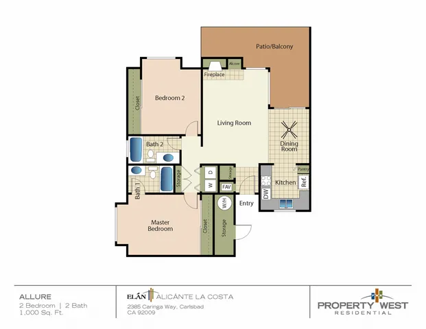 Two-bedroom, two bathroom 2D floor plan layout