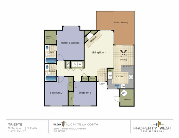 2D floor plan layout, three bedroom, two bathroom