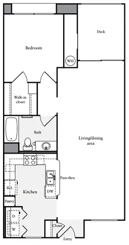 2D Floor Plan, one-bedroom, one-bathroom apartment
