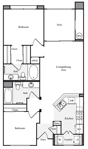2D Floor Plan, two-bedroom, two-bathroom apartment