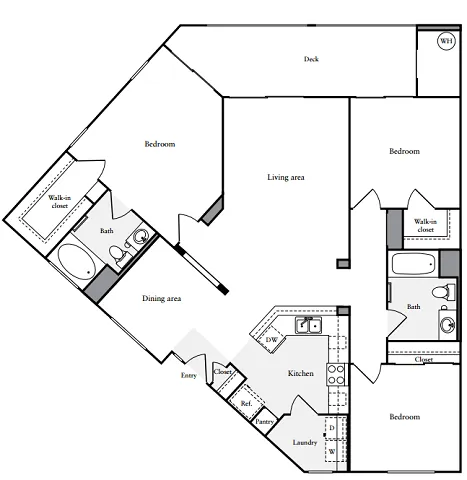 2D Floor Plan, three-bedroom, two-bathroom apartment