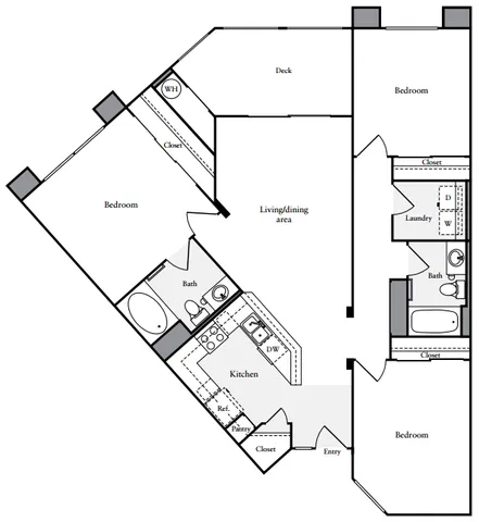 2D Floor Plan, three-bedroom, two-bathroom apartment