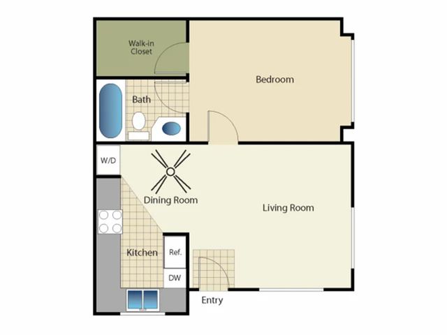 2D Floor Plan, one-bedroom, one-bathroom apartment