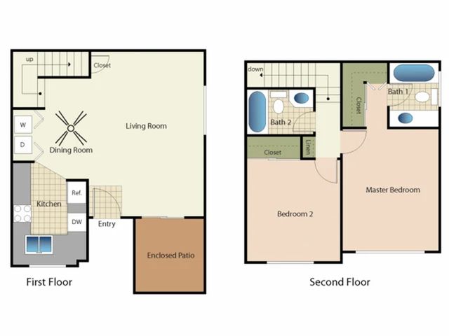 2D Floor Plan, two-bedroom, two-bathroom apartment