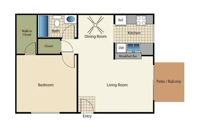 2D Floor Plan, one-bedroom, one-bathroom apartment
