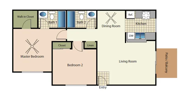 2D Floor Plan, two-bedroom, two-bathroom apartment