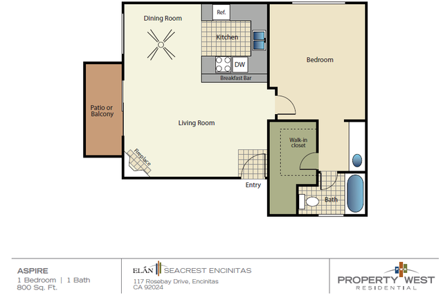 2D Floor Plan, one-bedroom, one-bathroom apartment
