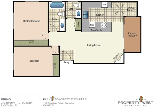 2D Floor Plan, two-bedroom, one-and-a-half-bathroom apartment