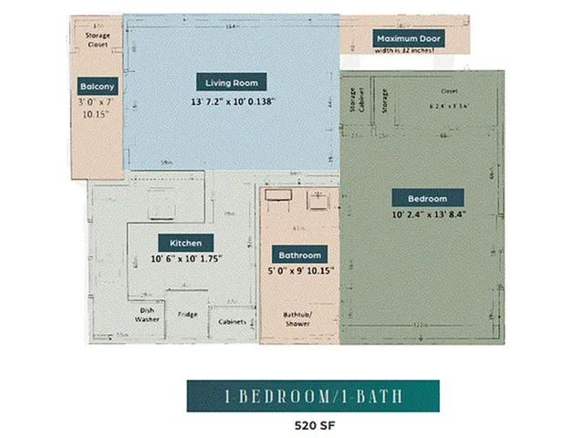 2D Floor Plan, one-bedroom, one-bathroom apartment