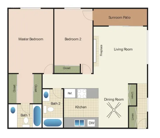 2D Rendering of a 2 Bed Floor Plan