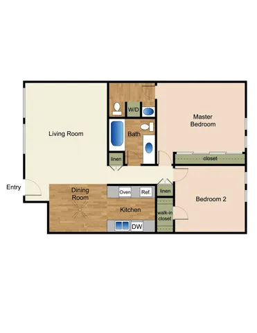 2D Rendering of 2 Bed 1.5 Bath Floor Plan
