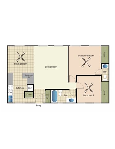 2D Rendering of a 2 Bed 1.5 Bath Floor Plan