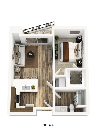 3D Floor Plan Rendering of a One-Bedroom Apartment