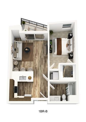 3d floorplan of a one bedroom at Textur Apartments