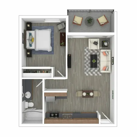 One-Bedroom, One-Bathroom 3D Furnished Floor Plan