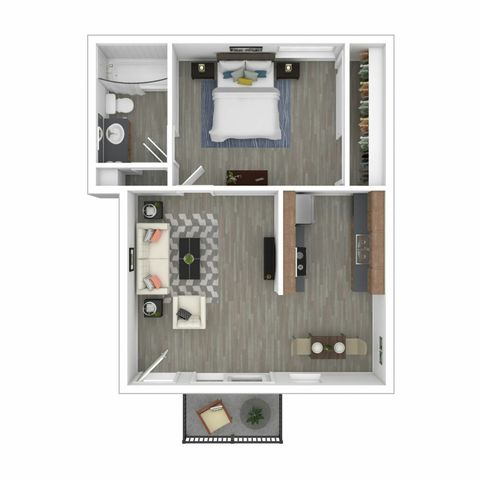 One-Bedroom, One-Bathroom 3D Furnished Floor Plan