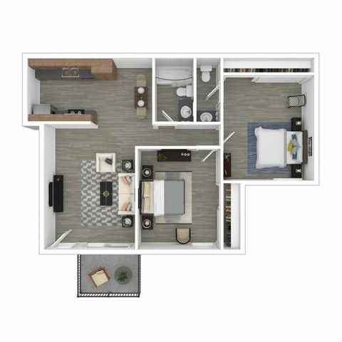 Two-Bedroom, One-and-One-Half-Bathroom 3D Furnished Floor Plan
