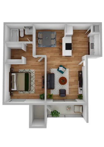 3D Furnished One-Bedroom, One-Bathroom Floor Plan