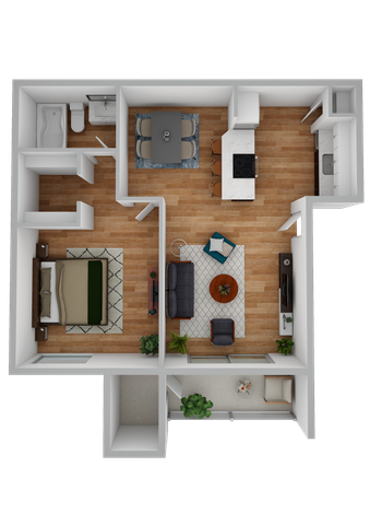3D Furnished One-Bedroom, One-Bathroom Floor Plan
