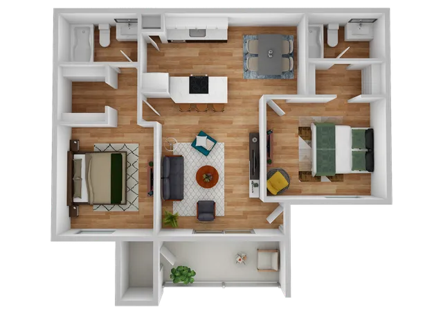 3D Furnished Two-Bedroom, Two-Bathroom Floor Plan