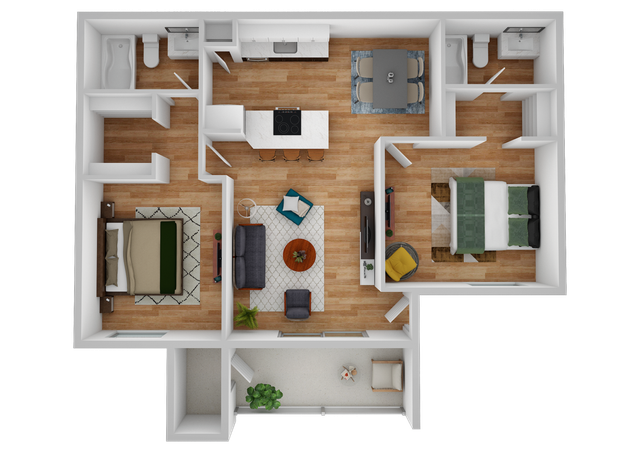 3D Furnished Two-Bedroom, Two-Bathroom Floor Plan
