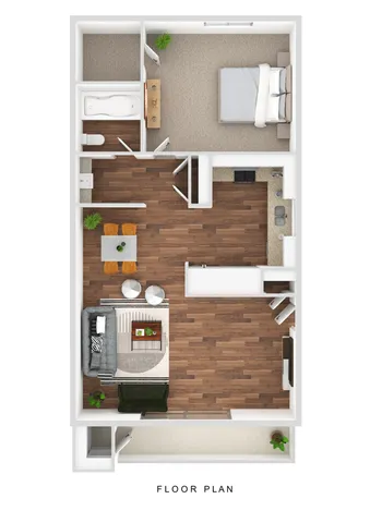 3D Furnished One-Bedroom, One-Bathroom Floor Plan Image
