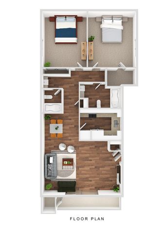 3D Furnished Two-Bedroom, Two-Bathroom Floor Plan Image