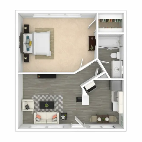 3D Furnished One-Bedroom Floor Plan