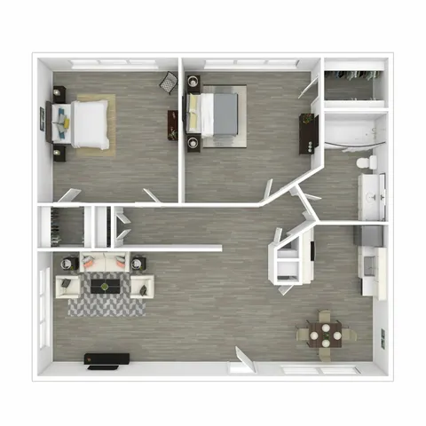 3D Furnished Two-Bedroom Floor Plan