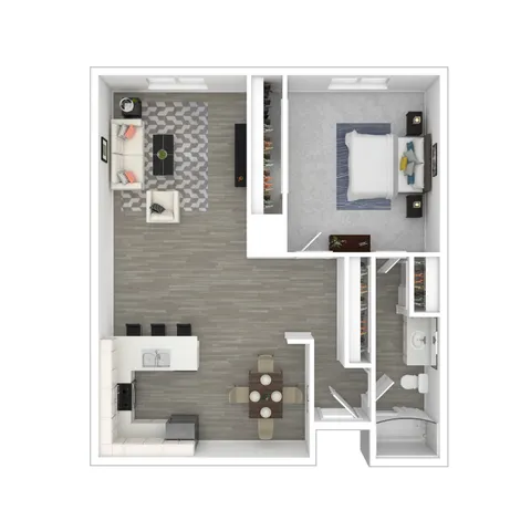 3D Furnished One-Bedroom A Floor Plan