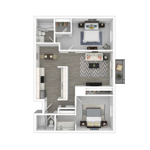 3D Furnished Two-Bedroom A Floor Plan