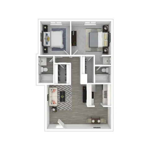 3D Furnished Two-Bedroom B Floor Plan