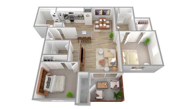 3D Furnished Two-Bedroom Floor Plan