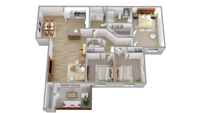3D Furnished Three-Bedroom Floor Plan