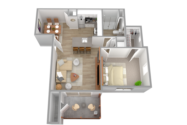 3D Furnished One-Bedroom Floor Plan