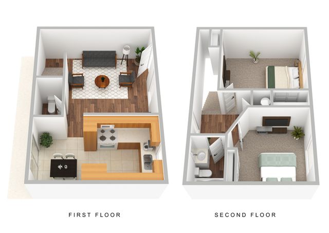 3D Furnished two-bedroom, one-and-one-half-bathroom floor plan rendering