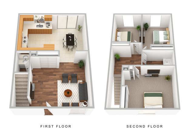 3D Furnished three-bedroom, one-and-one-half-bathroom floor plan rendering
