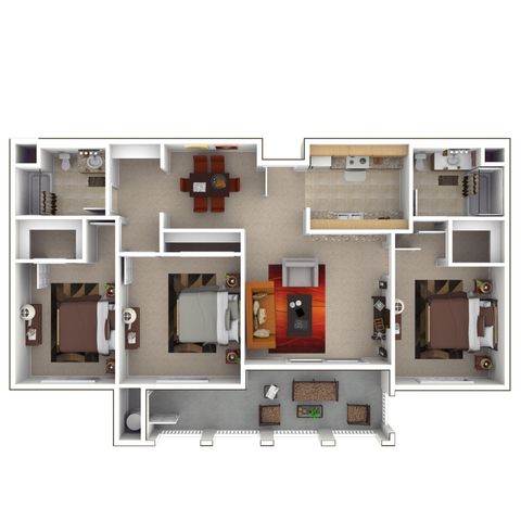 3D Rendering with furniture of a Three-Bedroom, Two-Bathroom Floor Plan