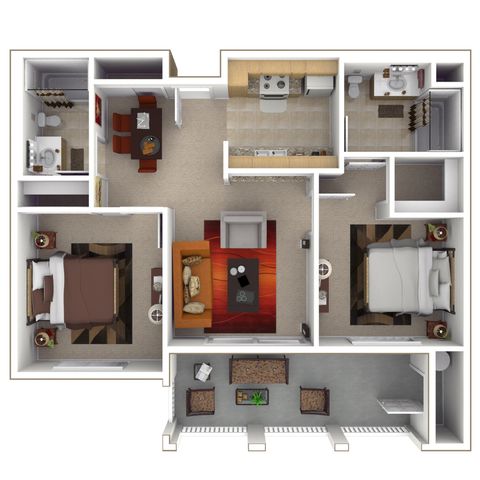 3D Rendering with furniture of a Two-bedroom, Two-Bathroom Floor Plan