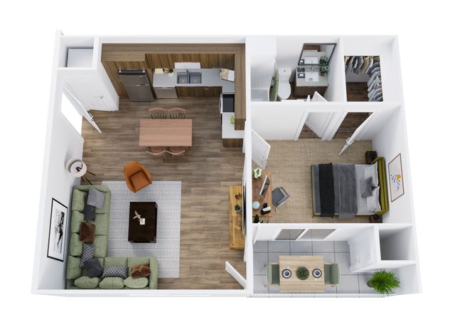 3D floor plan rendering - 2A-1 - One-Bedroom, One-Bathroom