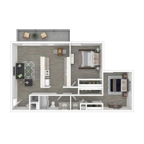 Two-Bedroom, One-Bathroom - 3D Furnished Floor Plan